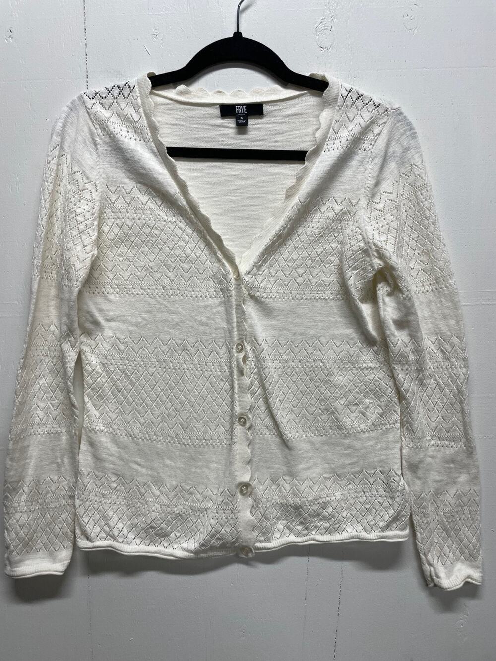 Frye Women's Ivory Cardigan Sweater Size Small Scalloped Edge Around Neck